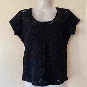 Wheels Lace Floral Curved Hem Short‎ Sleeve Semi See Through Blouse Black XL